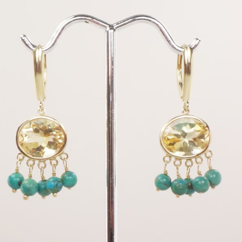 14k Gold Citrine and Turquoise Designer ZB Zimmer Brothers Dangle Earrings